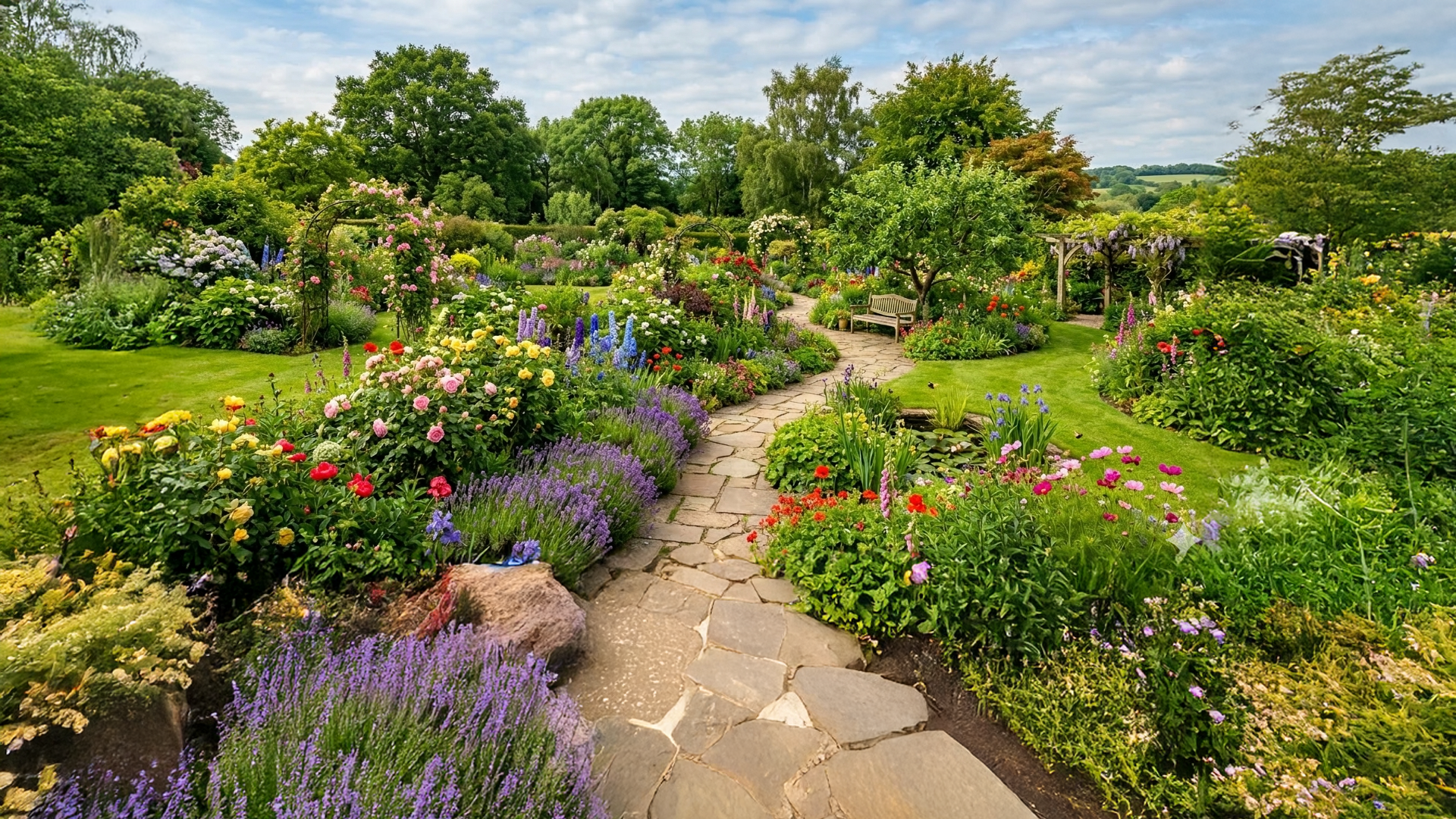 Landscaped garden with pathways and flowering beds