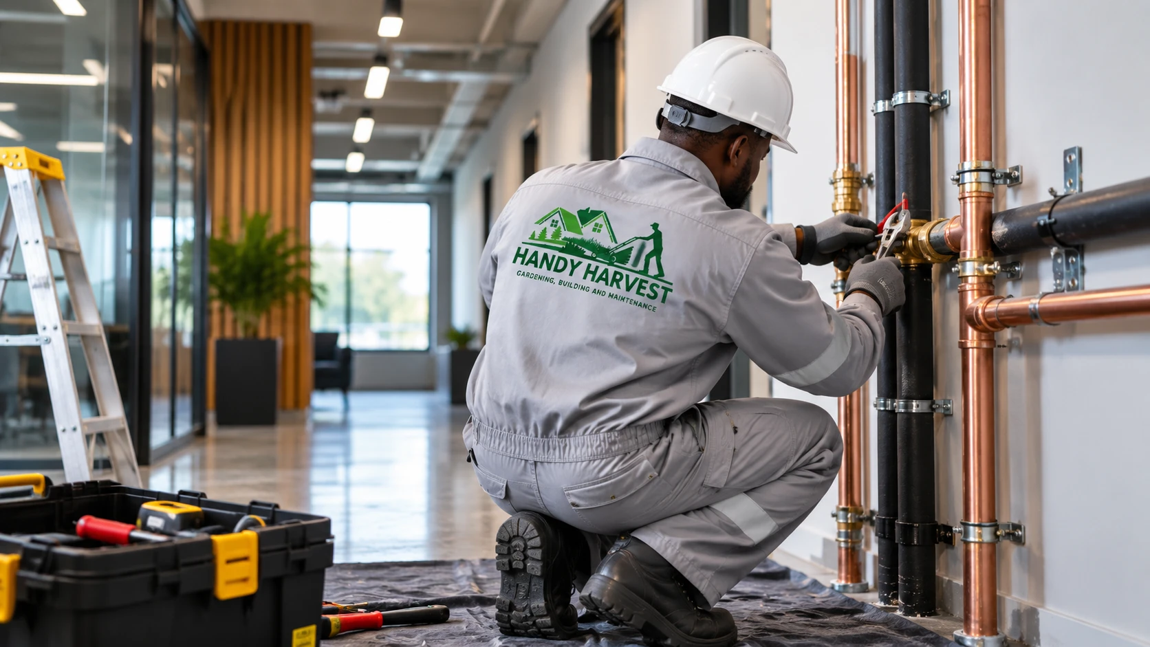 Handy Harvest technician in branded overalls fitting pipework on a building maintenance job